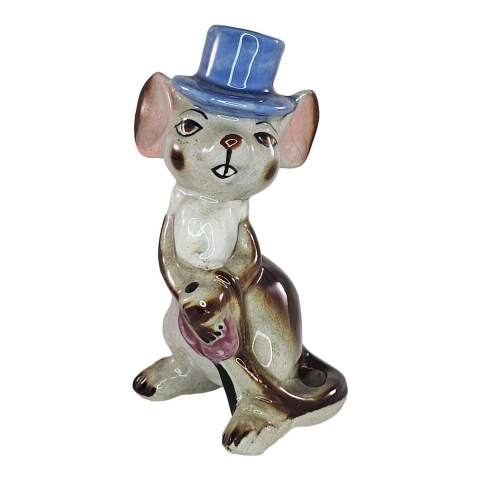 Vintage Ceramic Mouse Figurine Blue Top Hat Cane Anthropomorphic *Repair*